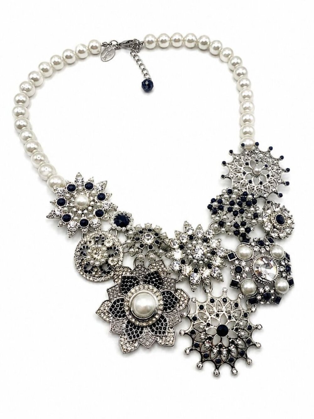 WHBM White House Black Market Pearl Crystal Statement Bib Necklace Silver Black - Picture 2 of 6